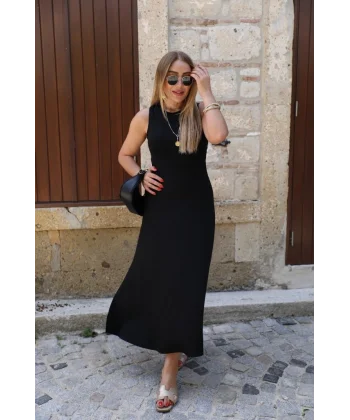 Kadın Kolsuz Sırttan çapraz Ip Detaylı Uzun Viskon Elbise