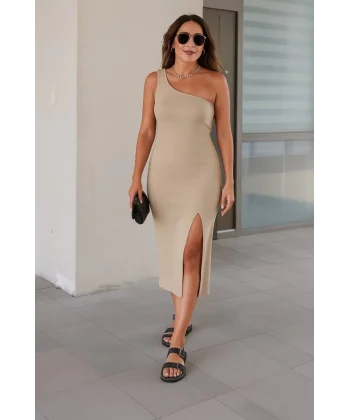 Kadın Kolsuz Tek Omuz Damla Detay Ottoman Kumaş Elbise