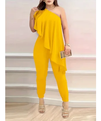 Kadın Kolsuz Tek Omuzu Açık önünde Volan Detay Sandy Tulum