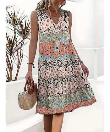 Kadın Kolsuz V Yaka çiçek Desenli Süprem Elbise