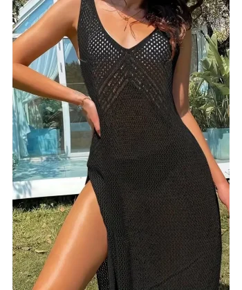 Kadın Kolsuz V Yaka Kalın Askılı Sırt Derin Dekolte Ve Yırtmaç Detay Triko Pareo