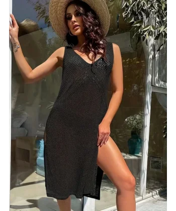 Kadın Kolsuz V Yaka Kalın Askılı Sırt Derin Dekolte Ve Yırtmaç Detay Triko Pareo