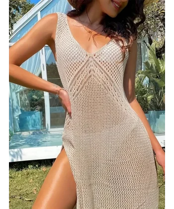 Kadın Kolsuz V Yaka Kalın Askılı Sırt Derin Dekolte Ve Yırtmaç Detay Triko Pareo