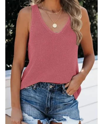 Kadın Kolsuz V Yaka Kalın Askılı Triko Bluz