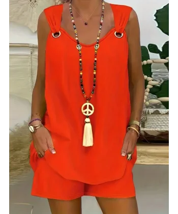 Kadın Kolsuz V Yaka Kuş Gözü Detay Bluz Short Aerobin Ikili Takım