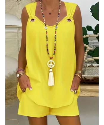 Kadın Kolsuz V Yaka Kuş Gözü Detay Bluz Short Aerobin Ikili Takım