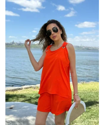 Kadın Kolsuz V Yaka Kuş Gözü Detay Bluz Short Aerobin Ikili Takım