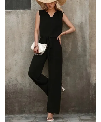 Kadın Kolsuz V Yakalı Aerobin Bluz Ve Belden Kuşaklı Pantolon Ikili Takım