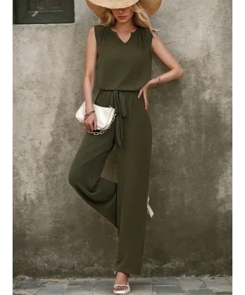 Kadın Kolsuz V Yakalı Aerobin Bluz Ve Belden Kuşaklı Pantolon Ikili Takım