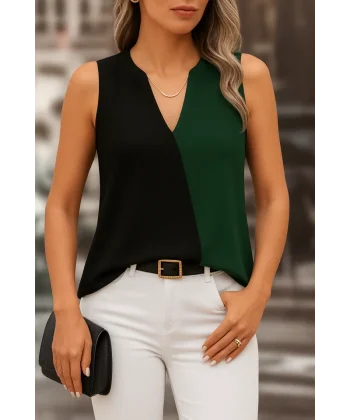 Kadın Kolsuz V Yakalı Blok Renkli Ithal Krep Bluz