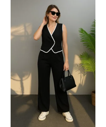 Kadın Kolsuz V Yakalı Düğmeli Ithal Krep Yelek Ve Pantolon Ikili Takım