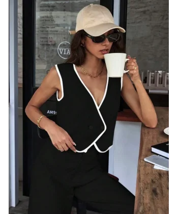 Kadın Kolsuz V Yakalı Düğmeli Ithal Krep Yelek Ve Pantolon Ikili Takım