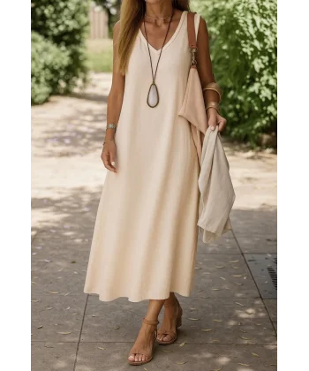 Kadın Kolsuz V Yakalı Maksi Boy Ithal Keten Elbise