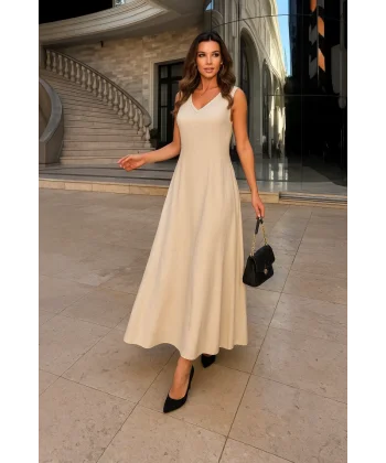 Kadın Kolsuz V Yakalı Maksi Boy Ithal Keten Elbise