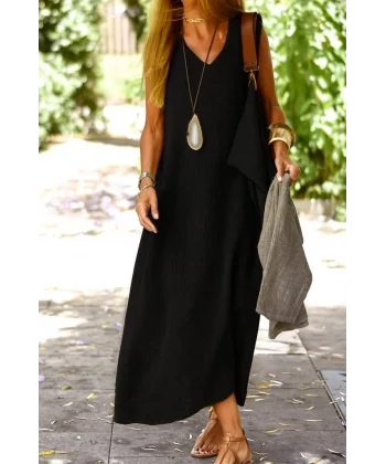 Kadın Kolsuz V Yakalı Maksi Boy Ithal Keten Elbise