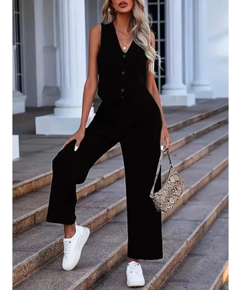 Kadın Kolsuz V Yakalı önden Düğmeli Ithal Krep Ve Pantolon Ikili Takım