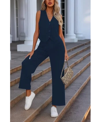 Kadın Kolsuz V Yakalı önden Düğmeli Ithal Krep Ve Pantolon Ikili Takım