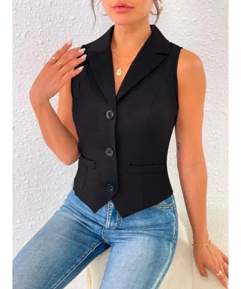Kadın Kolsuz Yakalı önden Düğmeli Atlas Yelek