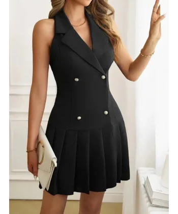 Kadın Kolsuz Yakalı önden Düğmeli Pileli Ithal Krep Mini Elbise