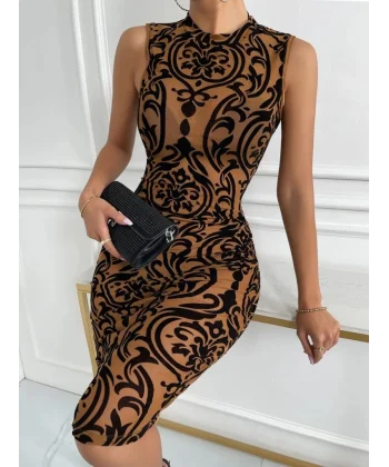 Kadın Kolsuz Yarı Balıkçı Yaka Desenli Dalgıç Elbise