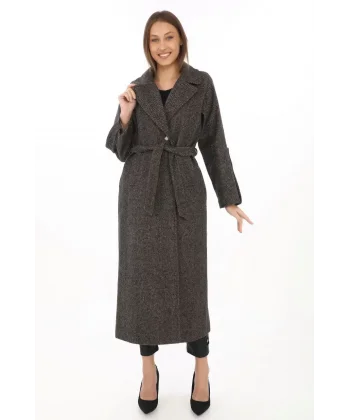 Kadın Kolu Apoletli Astarlı Kaşmir Kaşe Kaban - Füme