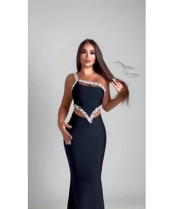 Kadın Komuz Ve Bel Dokelteli Taş Detay Dalgıç Kumaş Elbise