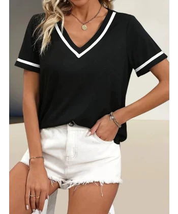 Kadın Kosa Kollu Ribanalı V Yaka Ve Kol Detaylı Viskon Bluz