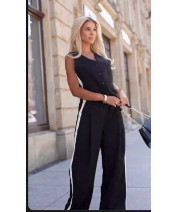 Kadın Kosuz V Yaka Düğme Detay Yelek Ve Yanları şerit Detay Ispanyol Paça Pantolon Hürrem Kumaş Ikili Takım