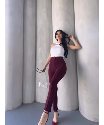Kadın Krep Kumaş çimalı Yüksek Bel Pantolon