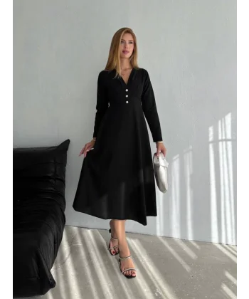 Kadın Krep Kumaş Düğme Detaylı V Yaka Uzun Kollu idi Boy Elbise