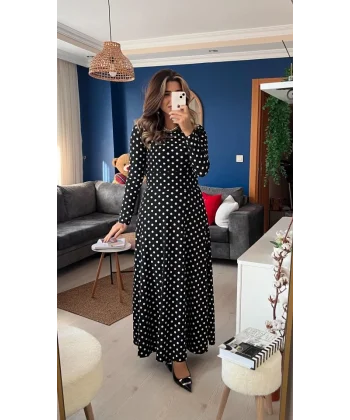 Kadın Krep Kumaş Uzun Kollu Tam Boy Puantiyeli Elbise 132 Cm