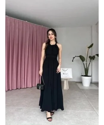 Kadın Krinkil Kumaş Beli Gipeli Halter Yaka Maxi Boy Elbise