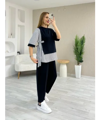 Kadın Kristal 2 Iplik Kumaş Yanları çizgili Takım