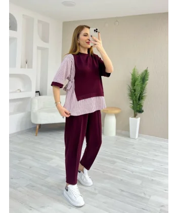 Kadın Kristal 2 Iplik Kumaş Yanları çizgili Takım