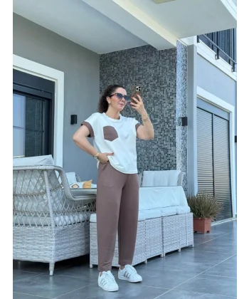 Kadın Kristal Kumaş Garnili Cep Detaylı Ikili Takım