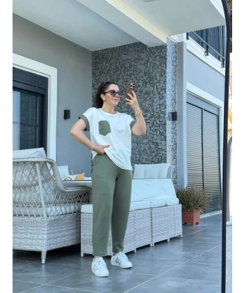 Kadın Kristal Kumaş Garnili Cep Detaylı Ikili Takım