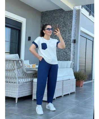 Kadın Kristal Kumaş Garnili Cep Detaylı Ikili Takım