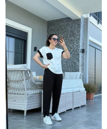 Kadın Kristal Kumaş Garnili Cep Detaylı Ikili Takım