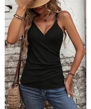 Kadın Kruvaze Yaka Askı Halka Aksesuar Detay Waffle Bluz