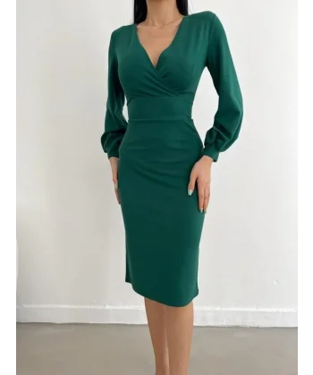 Kadın Kruvaze Yaka Balon Kol idi Boy Elbise