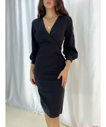 Kadın Kruvaze Yaka Balon Kol idi Boy Elbise