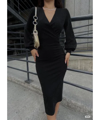 Kadın Kruvaze Yaka Balon Kol imli Krep Kumaş idi Boy Elbise