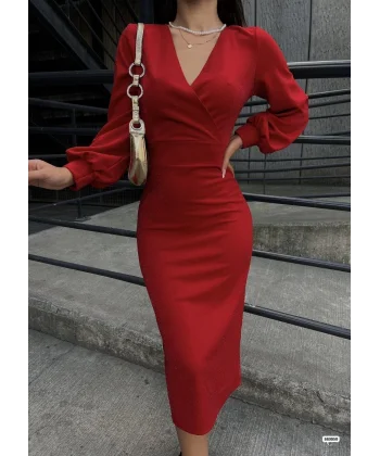 Kadın Kruvaze Yaka Balon Kol imli Krep Kumaş idi Boy Elbise