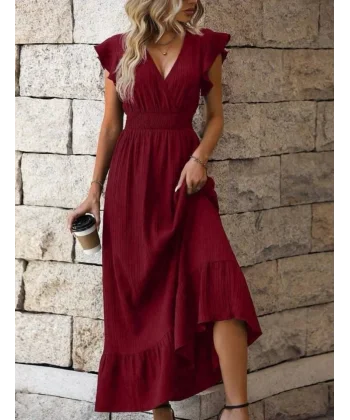 Kadın Kruvaze Yaka Beli Gipeli Bürümcük Kumaş Elbise