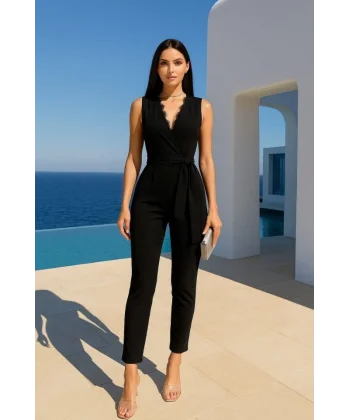 Kadın Kruvaze Yaka Dantel Güpür Ve Kuşak Detay Tulum