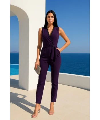 Kadın Kruvaze Yaka Dantel Güpür Ve Kuşak Detay Tulum