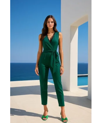 Kadın Kruvaze Yaka Dantel Güpür Ve Kuşak Detay Tulum