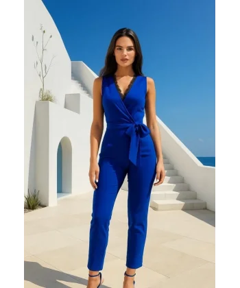 Kadın Kruvaze Yaka Dantel Güpür Ve Kuşak Detay Tulum