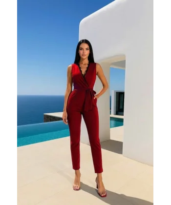 Kadın Kruvaze Yaka Dantel Güpür Ve Kuşak Detay Tulum