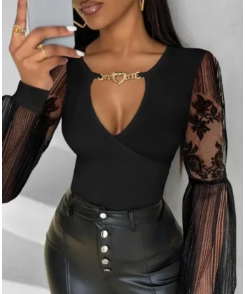 Kadın Kruvaze Yaka Derin Dekolteli Kolları Tül Detay Fırsat ürün Bluz